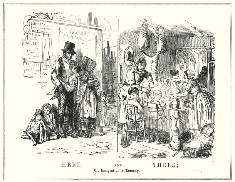 Punch cartoon: Here and There, or, Emigration a Remedy (gravyr) av English School