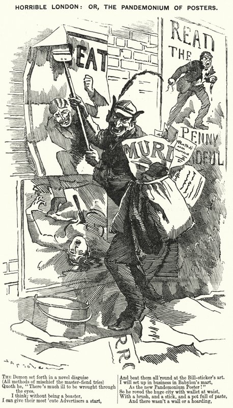 Punch cartoon: Horrible London: or, the Pandemonium of Posters - London vid tiden för Jack the Ripper-morden (gravyr) av English School