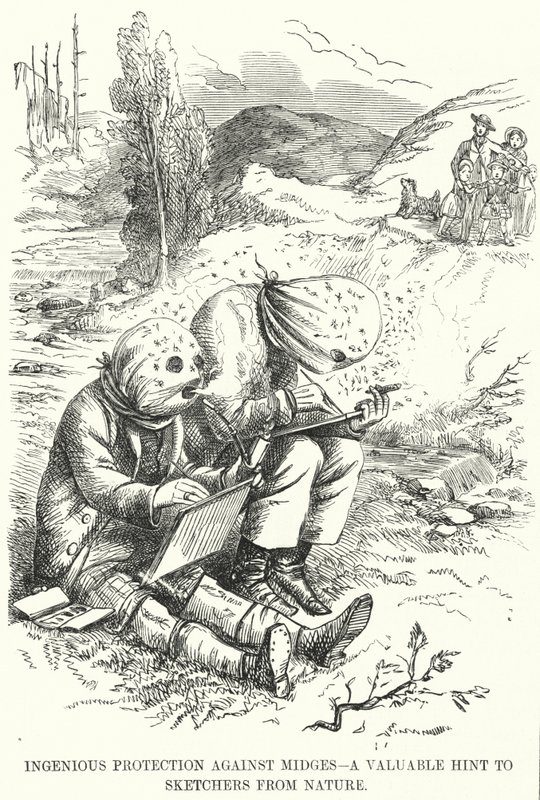 Punch-tecknad serie: Genialt skydd mot midges - ett värdefullt tips till Sketchers from Nature (gravyr) av English School