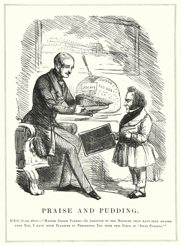 Punch-tecknad serie: Praise and Pudding: Prins Albert belönar Joseph Paxton för att ha designat Crystal Palace för att hysa den framgångsrika stora utställningen 1851 i Hyde Park, London (gravyr) av English School