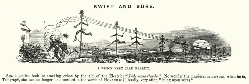 Punch cartoon: Swift and Sure - användningen av elektrisk telegrafi för att spåra brott (gravyr) av English School