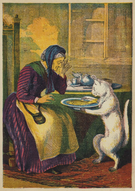 Puss tar in fisk (färg litho) av English School