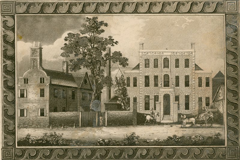 Putney School, London; gravyrer daterade 1805 av W Harding och signerade av pastorn William Carmalt av English School