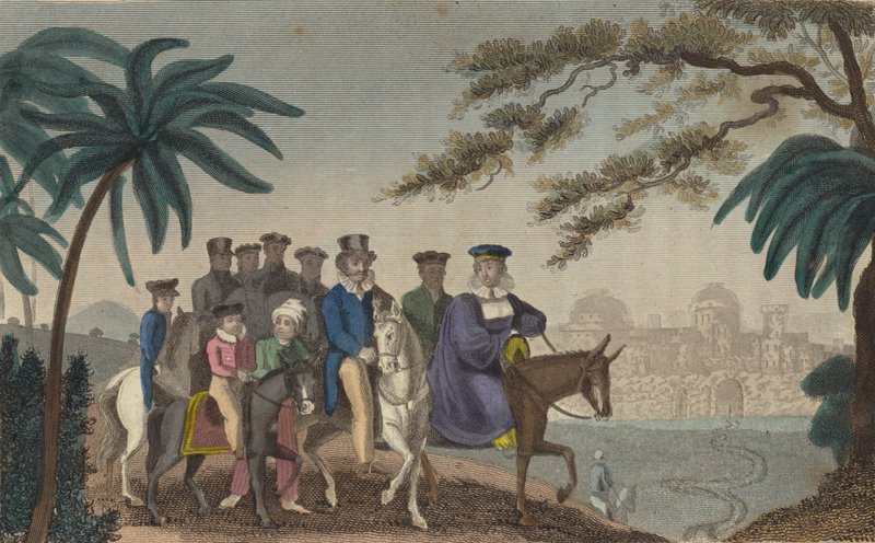 Drottning Caroline, främmande gemål till kung George IV, går in i Jerusalem (färgad gravyr) av English School