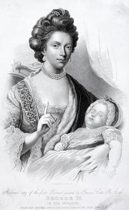 Drottning Charlotte, gemål till kung George III, med deras lilla son, den blivande prinsregenten och kung George IV av English School