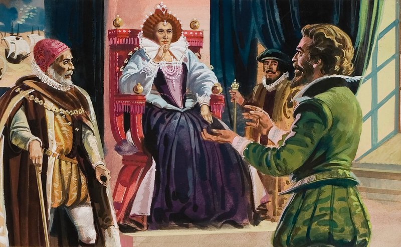 Drottning Elizabeth I (1533-1603) och Sir Francis Drake (1540-96) (gouache på papper) av English School