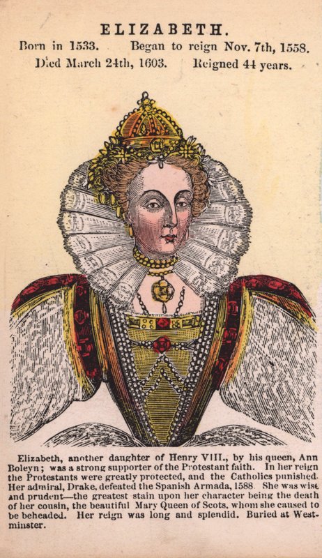 Drottning Elizabeth I (färgad gravyr) av English School
