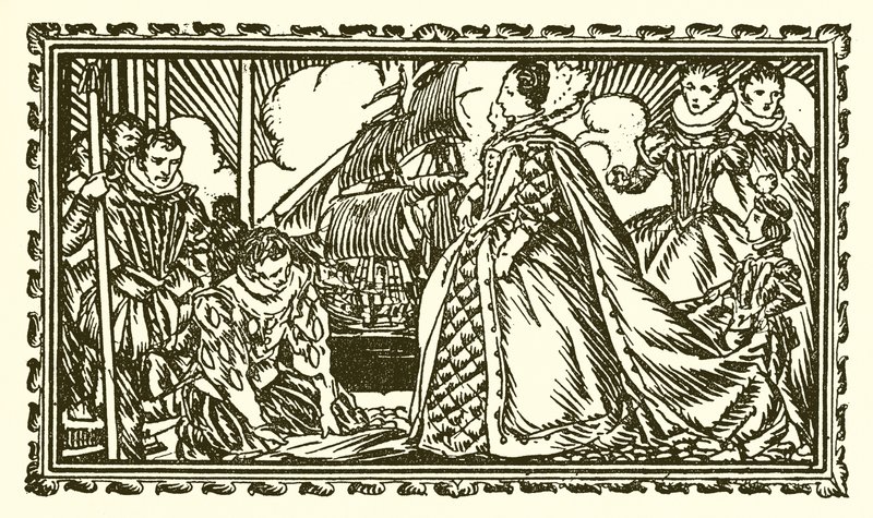 Drottning Elizabeth I och Sir Walter Raleigh av English School