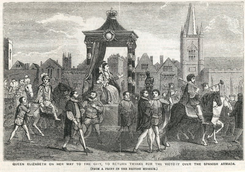 Drottning Elizabeth I på väg till staden för att återvända tack för segern över den spanska armadan av English School