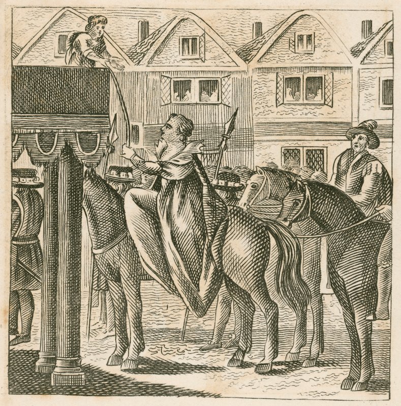 Drottning Elizabeth I tar emot Bibeln av en pojke, som personifierar Sanningen, på väg till sin kröning av English School