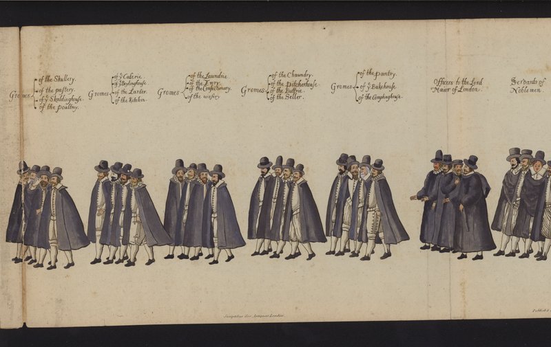Drottning Elizabeth I:s begravningsprocession (färgad gravyr) av English School
