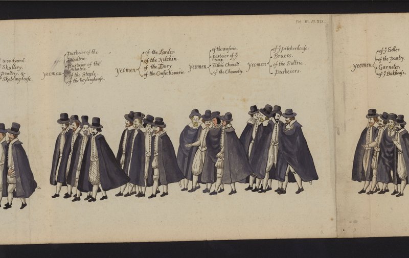 Drottning Elizabeth I:s begravningsprocession (färgad gravyr) av English School