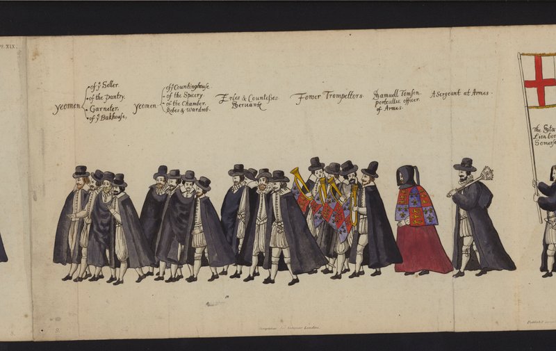 Drottning Elizabeth I:s begravningsprocession (färgad gravyr) av English School