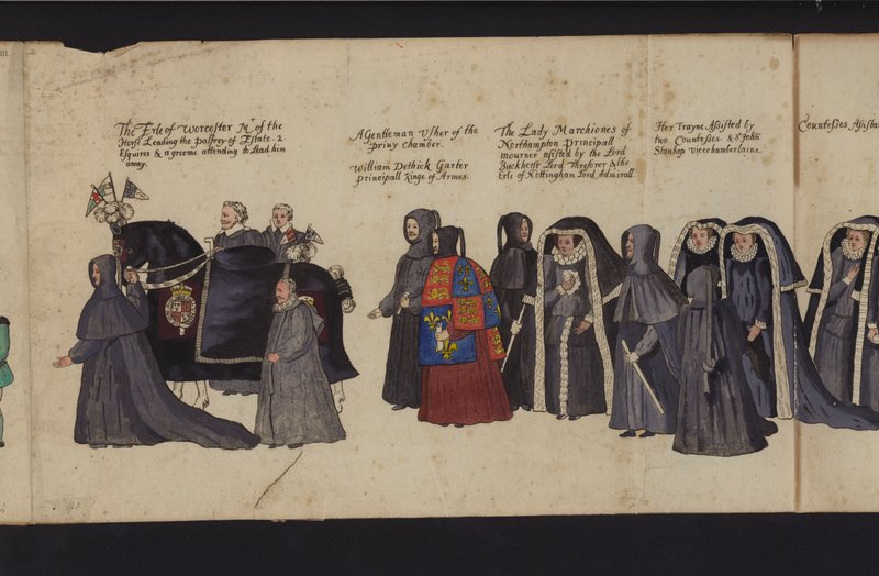 Drottning Elizabeth I:s begravningsprocession (färgad gravyr) av English School