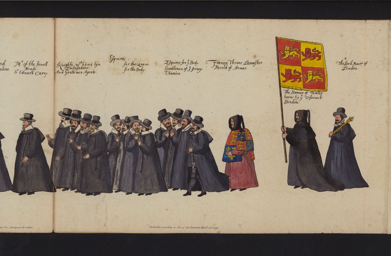 Drottning Elizabeth I:s begravningsprocession (färgad gravyr) av English School