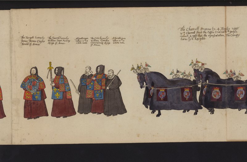 Drottning Elizabeth I:s begravningsprocession (färgad gravyr) av English School