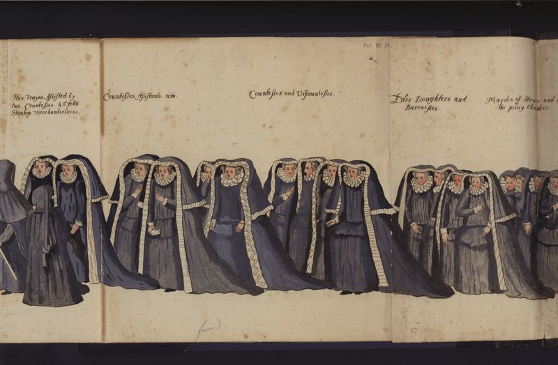 Drottning Elizabeth I:s begravningståg (färgad gravyr) av English School
