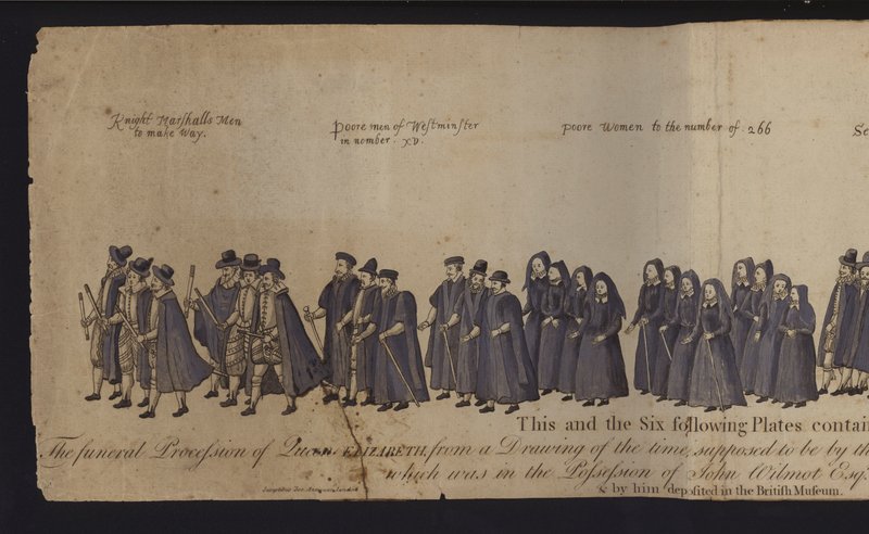 Drottning Elizabeth I:s begravningståg (färgad gravyr) av English School
