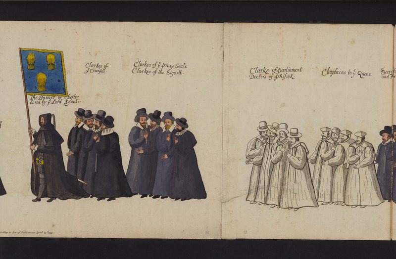 Drottning Elizabeth I:s begravningståg (färgad gravyr) av English School