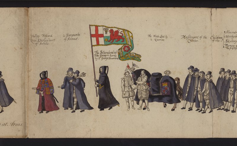 Drottning Elizabeth I:s begravningståg (färgad gravyr) av English School