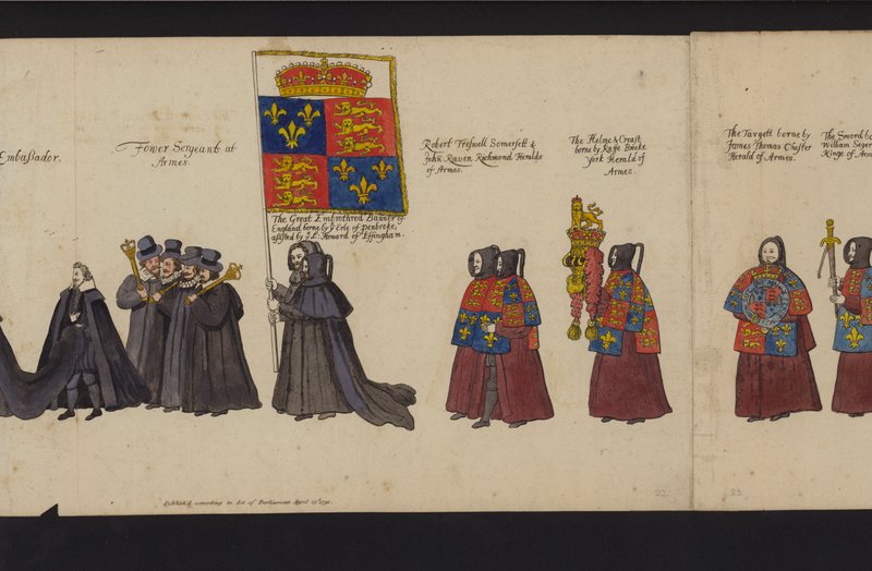 Drottning Elizabeth I:s begravningståg (färgad gravyr) av English School