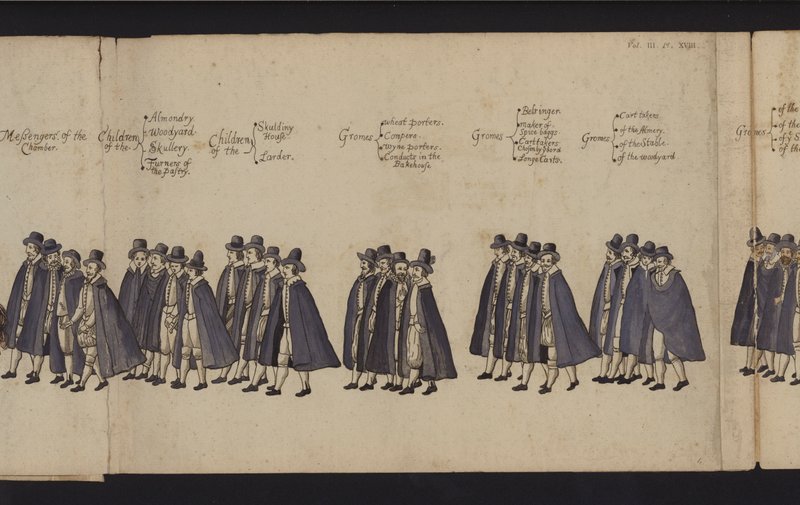 Drottning Elizabeth I:s begravningståg (färgad gravyr) av English School