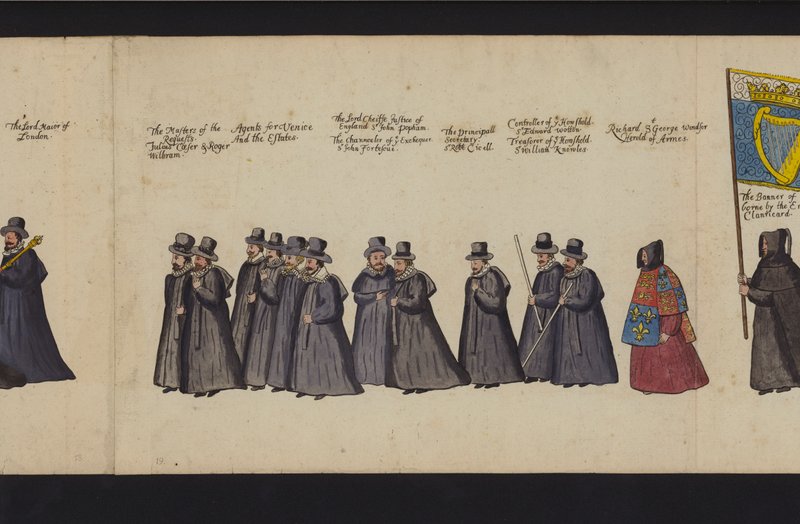 Drottning Elizabeth I:s begravningsprocession (färgad gravyr) av English School