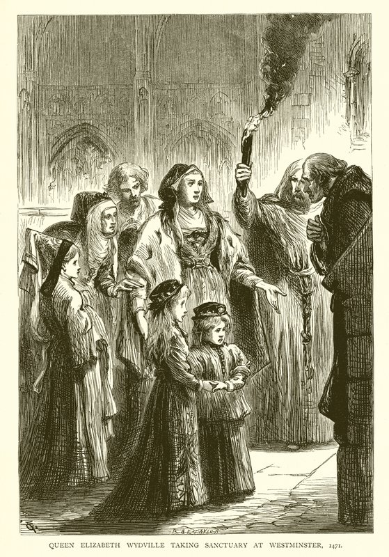 Drottning Elizabeth Wydville intar Sanctuary i Westminster, 1471 av English School