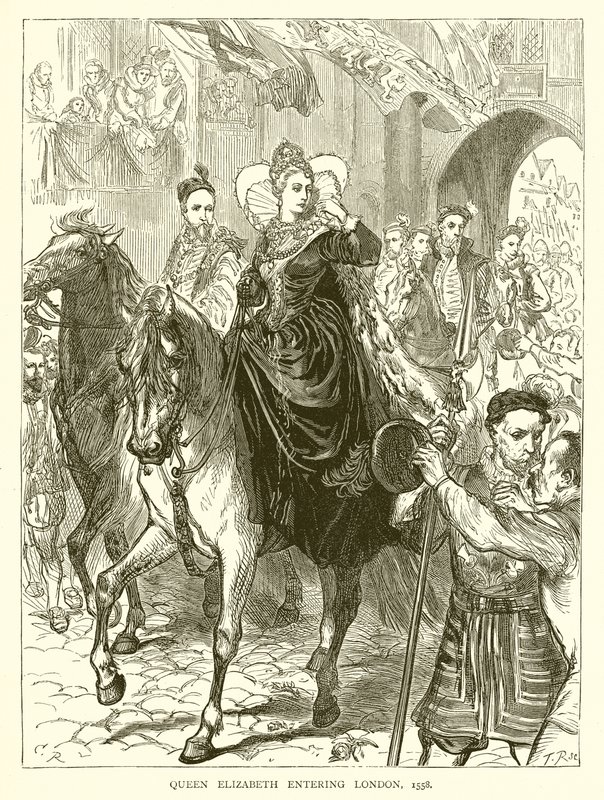 Drottning Elizabeth kommer in i London 1558 av English School