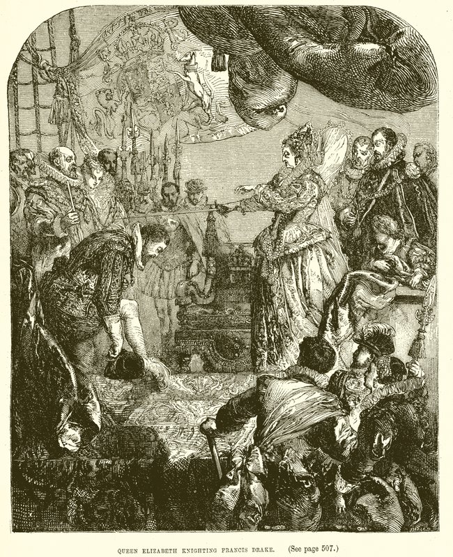 Drottning Elizabeth riddar Francis Drake av English School