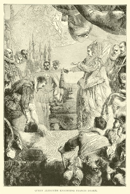 Drottning Elizabeth riddar Francis Drake av English School