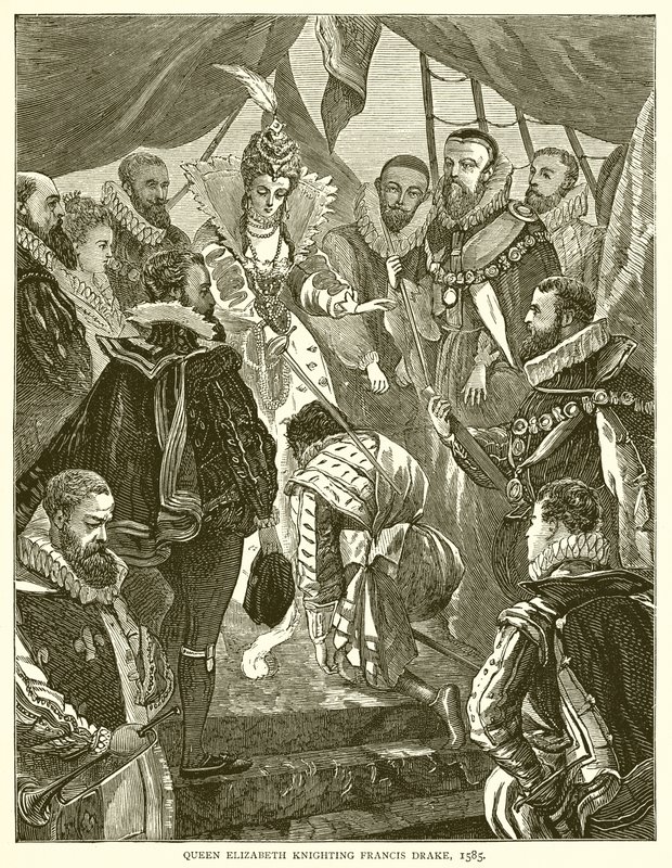Drottning Elizabeth adlade Francis Drake, 1585 av English School