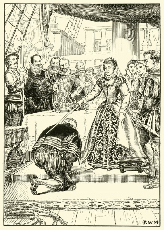 Drottning Elizabeth ombord på Golden Hind (bläck på papper) av English School
