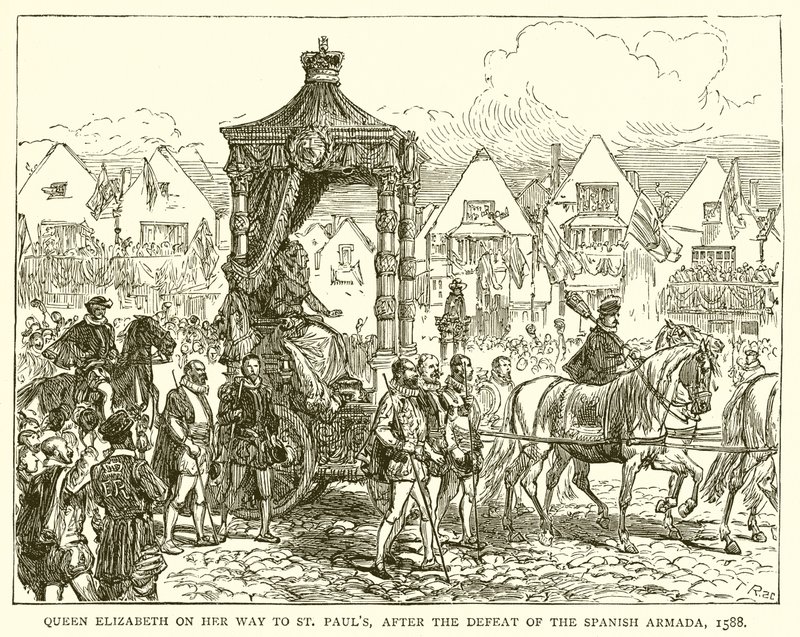 Drottning Elizabeth på väg till St. Pauls, efter den spanska armadans nederlag, 1588 av English School