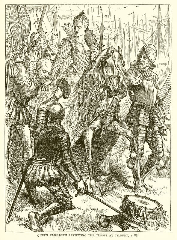 Drottning Elizabeth granskar trupperna i Tilbury, 1588 av English School