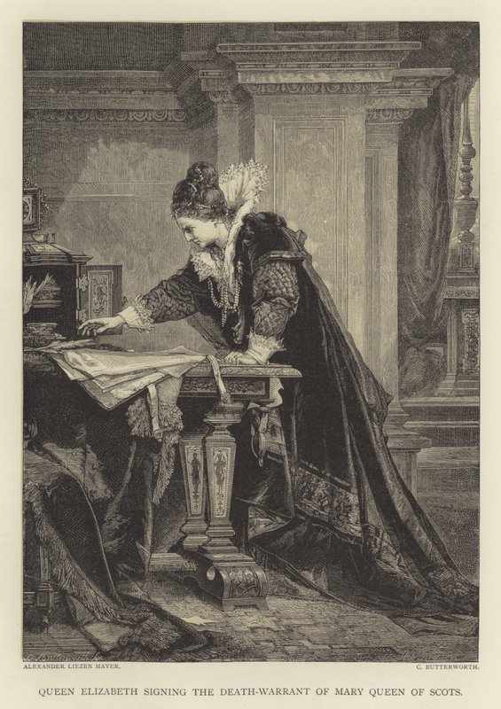 Drottning Elizabeth undertecknar Mary Queen of Scots dödsdom av English School