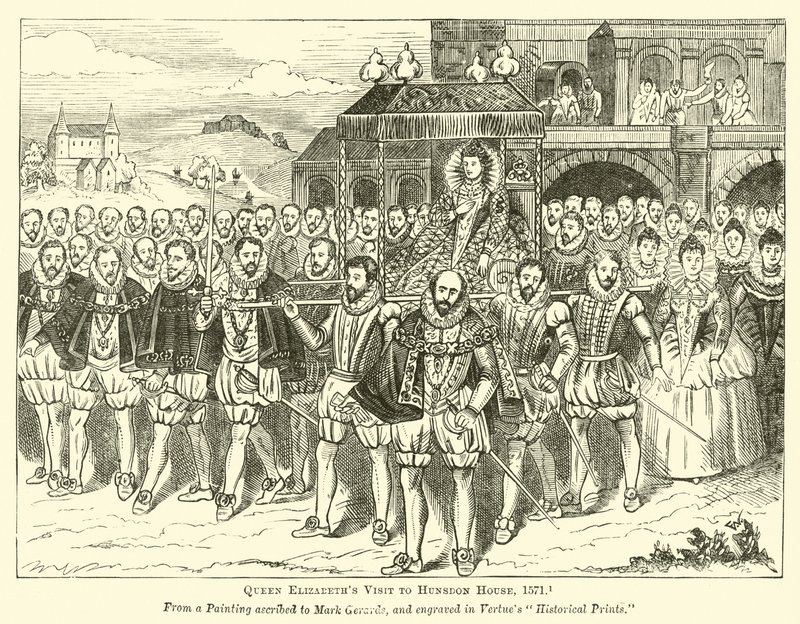 Drottning Elizabeths besök i Hunsdon House, 1571 av English School