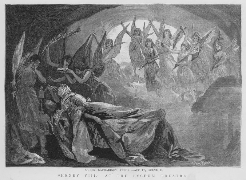 Drottning Katherines vision, scen från en produktion av Shakespeares Henry VIII på Lyceum Theatre, London (litho) av English School
