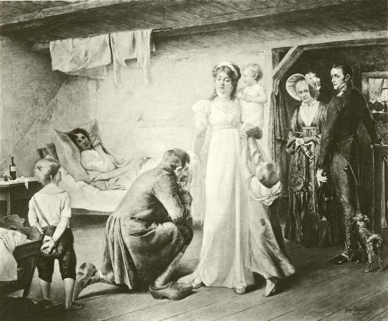 Drottning Louise av Preussen besöker de fattiga (gravyr) av English School