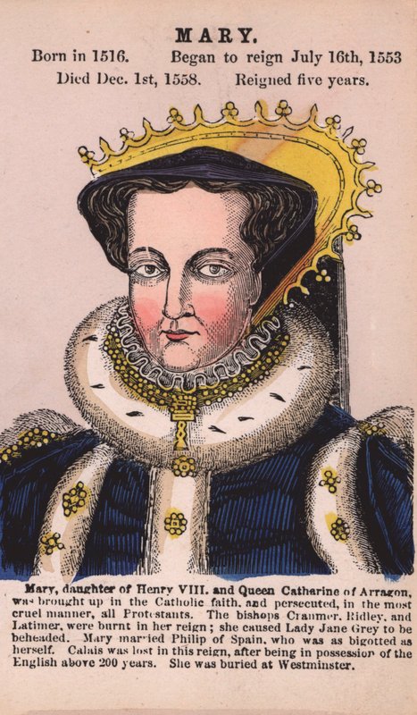 Queen Mary I (färgad gravyr) av English School