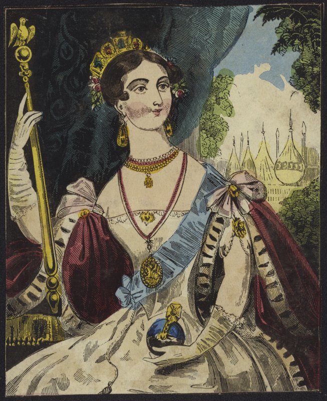Drottning Victoria håller en klot och spira (färggravyr) av English School