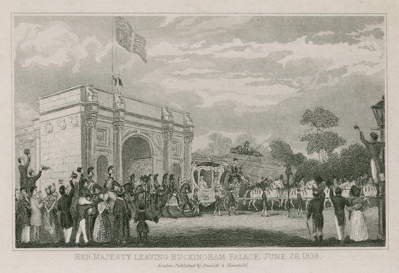 Drottning Victoria lämnar Buckingham Palace den 28 juni 1838 av English School