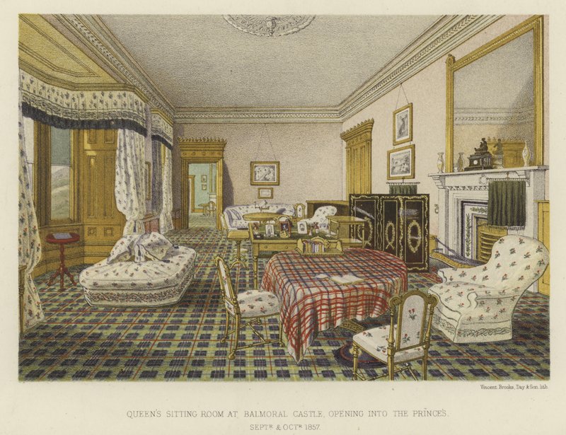 Drottning Victorias vardagsrum på Balmoral Castle, som öppnar in i Princes av English School