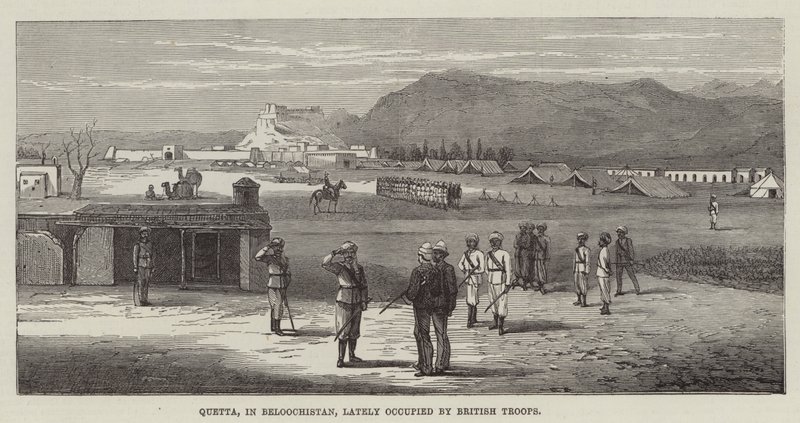 Quetta, i Beloochistan, nyligen ockuperad av brittiska trupper (gravyr) av English School