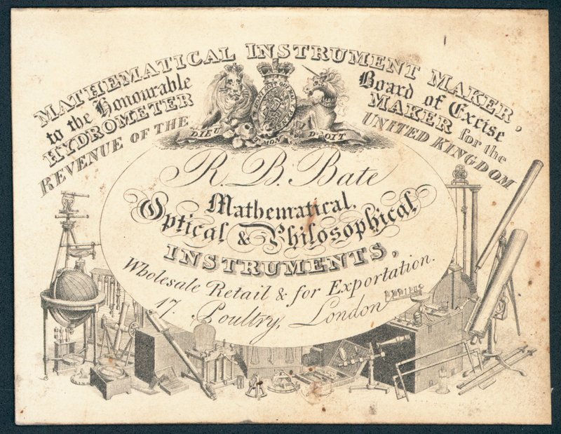R B Bate, matematiska, optiska och filosofiska instrument, handelskort av English School