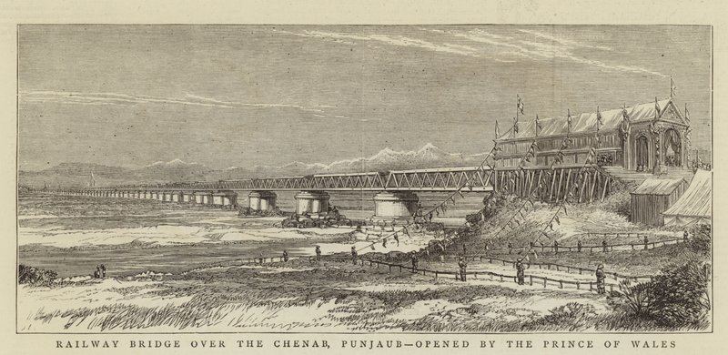 Järnvägsbron över Chenab, Punjaub, öppnad av prinsen av Wales (gravyr) av English School