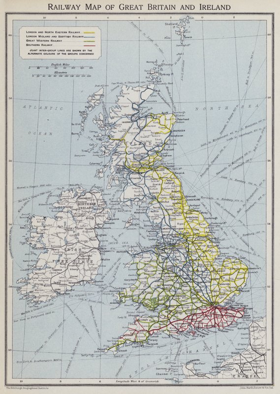 Järnvägskarta över Storbritannien och Irland (färglitografi) av English School