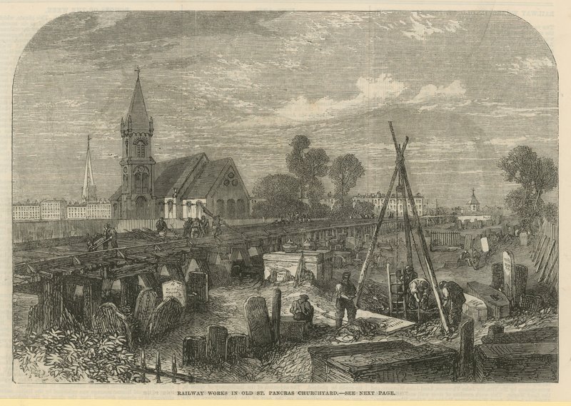 Järnvägsarbeten på Old St Pancras kyrkogård (gravyr) av English School
