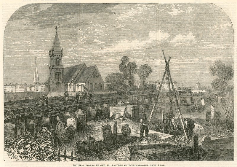 Järnvägsarbeten i Old St Pancras Churchyard, London av English School