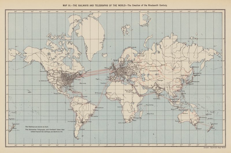 Järnvägar och telegrafer i världen, skapandet av 1800-talet (färglitografi) av English School